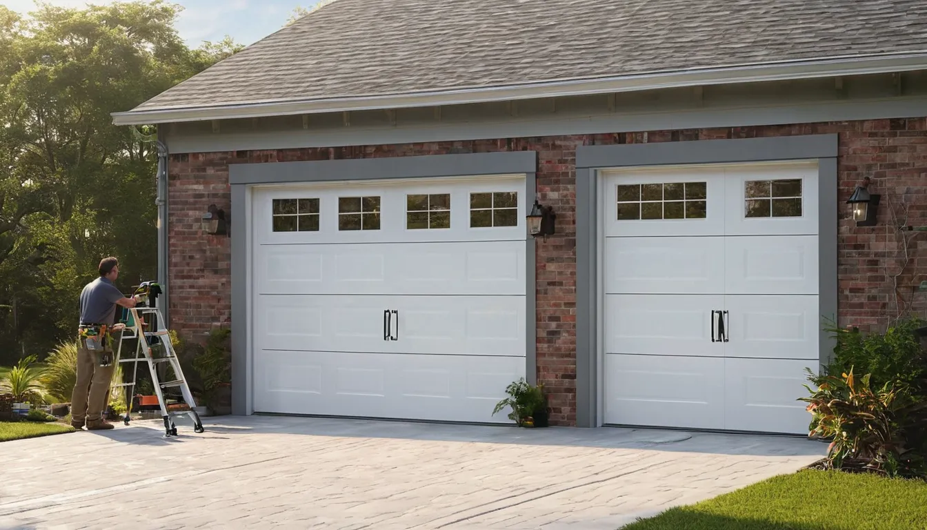Independent provider fitting a new insulated garage door on a brick ranch home in Houston