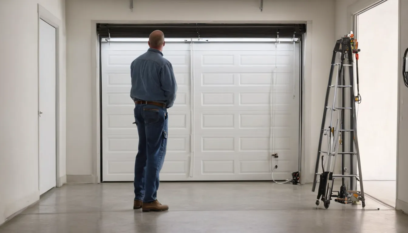 Provider inspecting a torsion spring above a garage door in a home in Houston